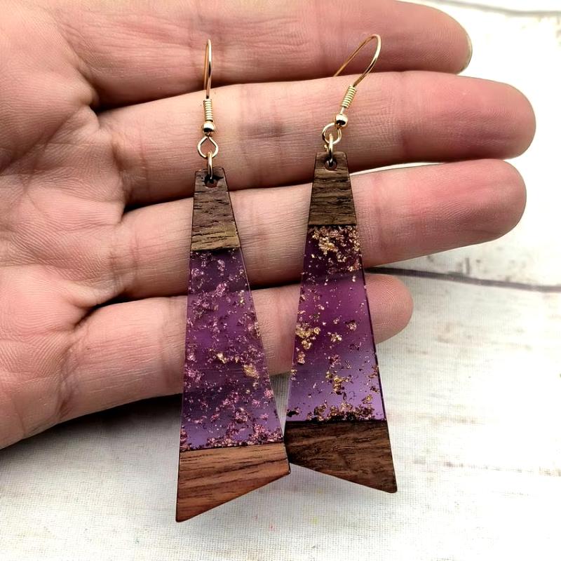 11 Colors Women Walnut Wood Gold Foil Epoxy Resin Art Dangle Earrings