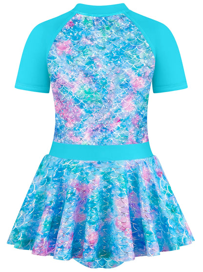 Kids Girls Short Sleeve Shinny Beach Sky Blue Skirted Bikini Briefs Swimming Suit