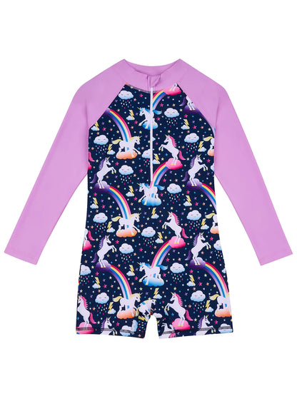 Kids Girls One-Piece Long Raglan Sleeve Animal Horse Print Rash Guard Boyleg Shorts Swimwear