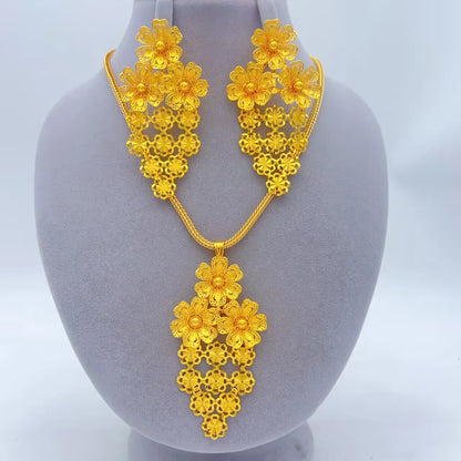 Indian 24k Gold Color Bridal Ethiopian Africa Flower Dubai Necklace Earrings Jewelry afSets