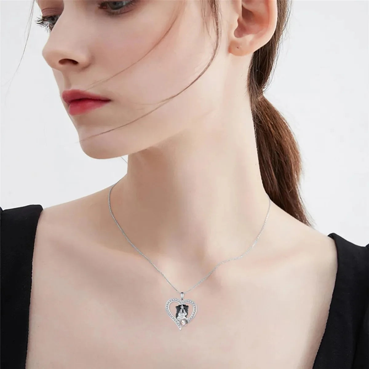 Women Men Fashion Design Border Collie Pendant Heart Shaped Necklace