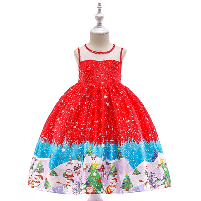 Kids Girls Princess Cartoon Santa Claus Snowflake Costume Xmas Party Print Dress