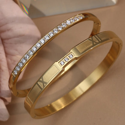 Women Zircon Roman Numeral Stainless Steel Plated 18K Gold Bracelet