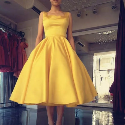 Women's Square Neck Satin Prom Bow A Line Backless Tea Length Formal Evening Party Dress w/ Pockets