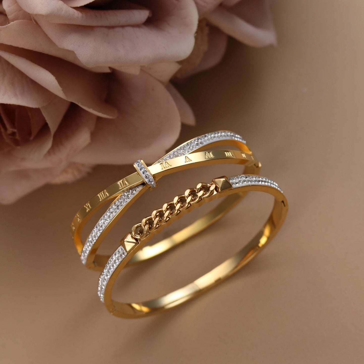 Love Charm 18k Gold Stainless Steel Crystal Cross Roman Numerals Bangle Bracelet