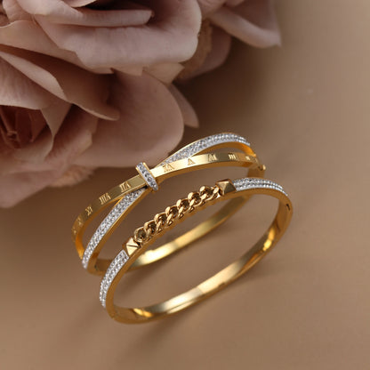 Love Charm 18k Gold Stainless Steel Crystal Cross Roman Numerals Bangle Bracelet
