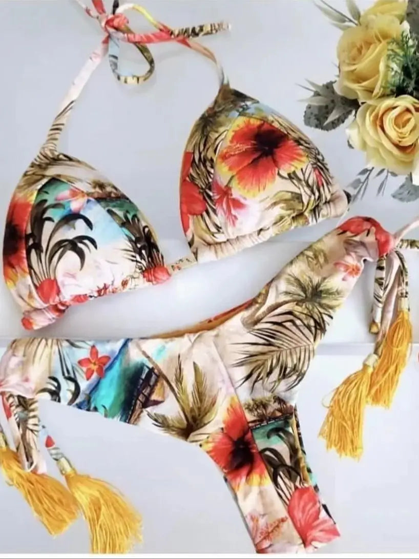 Women's Swimsuit Two-piece Triangle Halter Botany Print Bikini Swimwear Bathing Brazilian Suit
