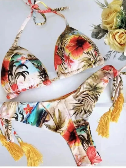 Women's Swimsuit Two-piece Triangle Halter Botany Print Bikini Swimwear Bathing Brazilian Suit
