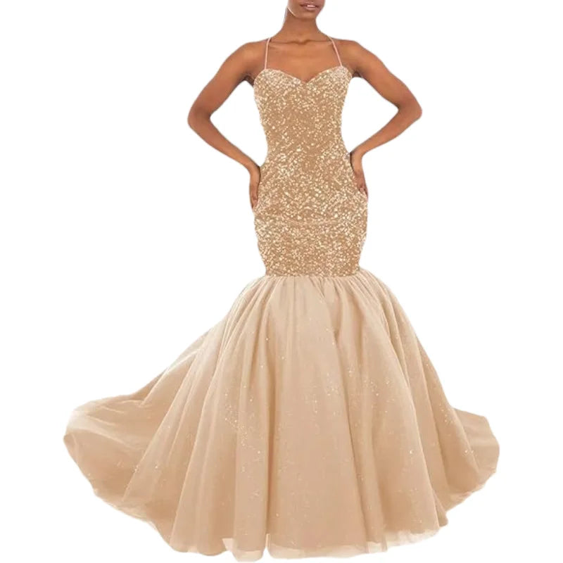Sparkly Sequin Prom Women Long Tulle Halter Ball Gown Sleeveless Mermaid Formal Evening Party Dress