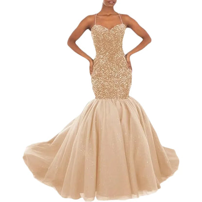 Sparkly Sequin Prom Women Long Tulle Halter Ball Gown Sleeveless Mermaid Formal Evening Party Dress