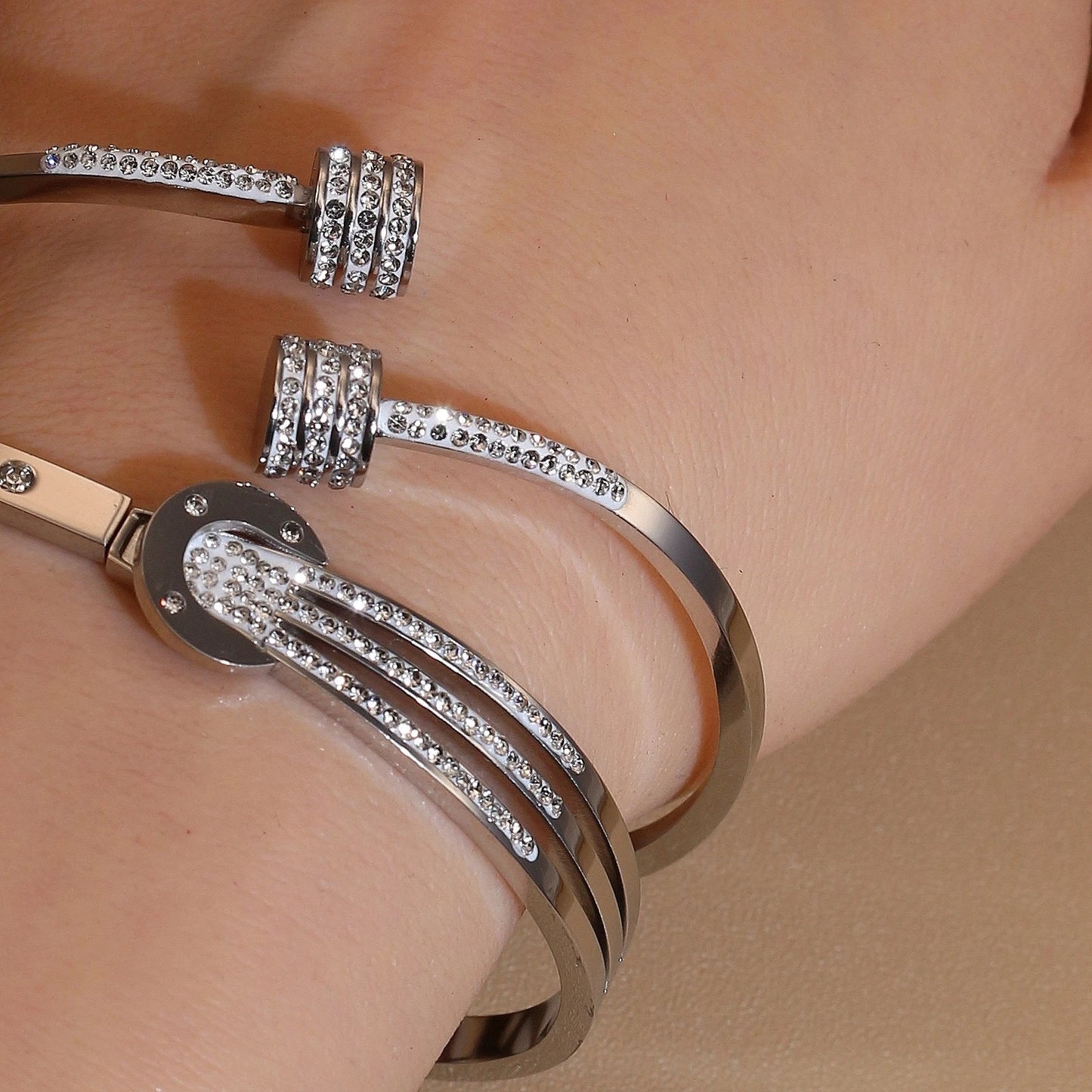 Women 18k Gold Plated Crystal Hollow Open Stainless Steel Bracelet