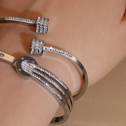 Women 18k Gold Plated Crystal Hollow Open Stainless Steel Bracelet
