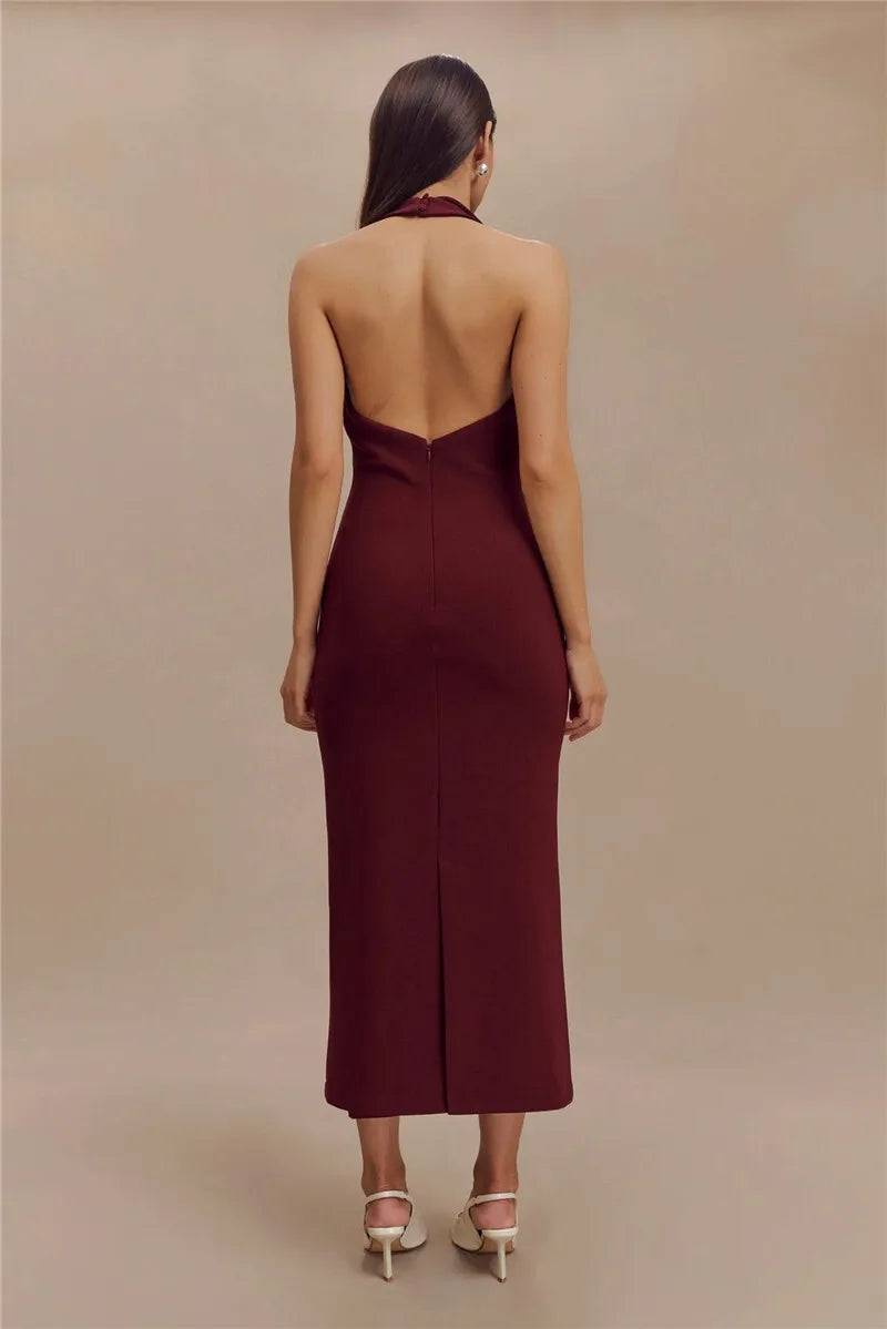 Halter Deep V Neck Sleeveless Sexy Maxi Backless Bodycon Tank Long Dress