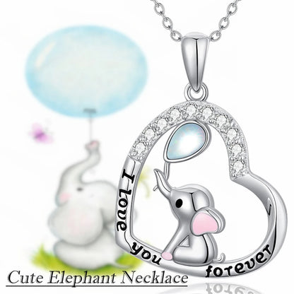 Women Cute Cartoon Heart Shaped Balloon Pink Ear Elephant Pendant Necklace