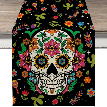 13x72 Inch Day of the Dead Mexican Carnival Skeleton Table Runner Style Decor
