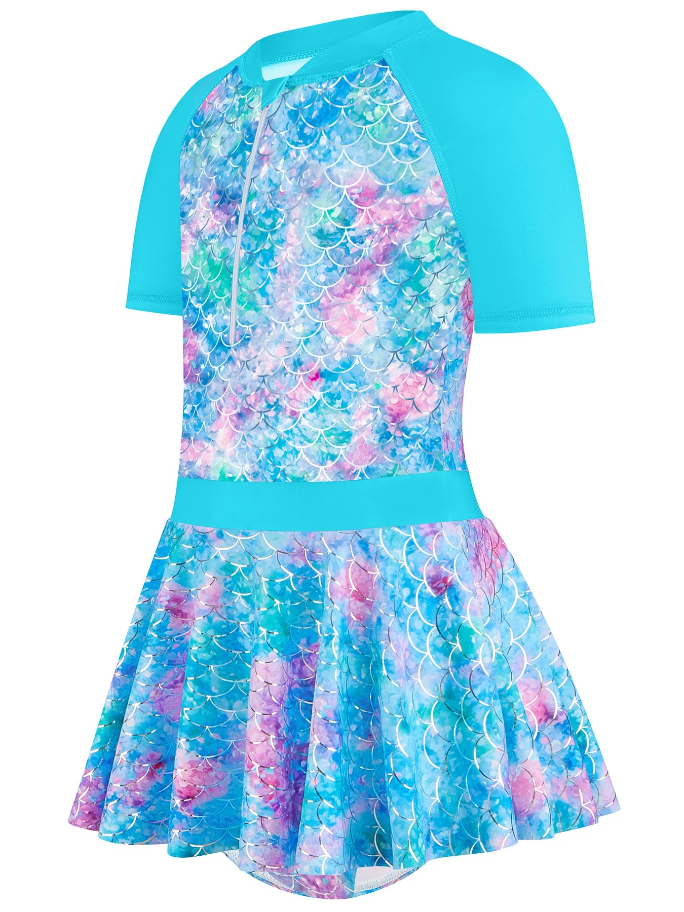 Kids Girls Short Sleeve Shinny Beach Sky Blue Skirted Bikini Briefs Swimming Suit