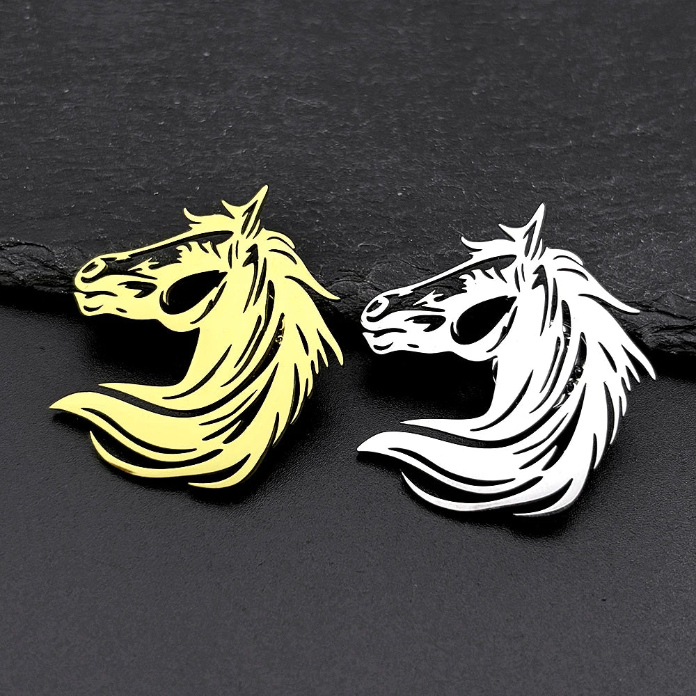 Men Horse Head Brooch Hollow Stainless Steel Gold Color Lapel Brooches Pin