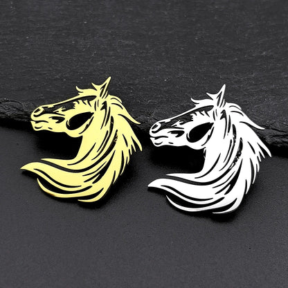 Men Horse Head Brooch Hollow Stainless Steel Gold Color Lapel Brooches Pin
