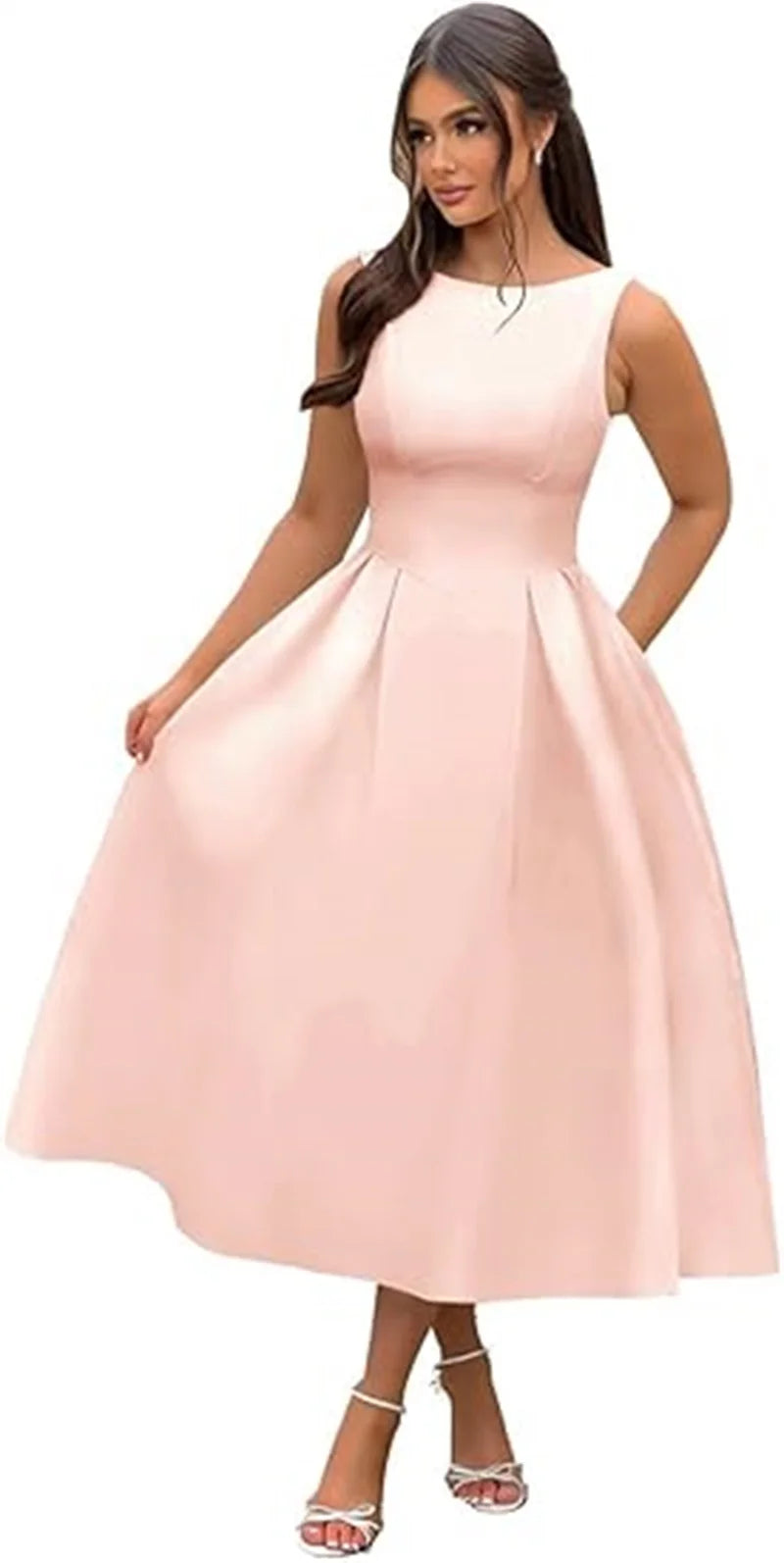 Simple Elegant O-Neck Satin Midi Prom Tea Length Backless A Line Formal Evening Party Bridal Dress w/ Pockets