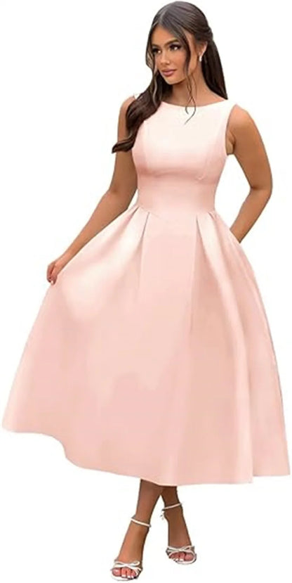 Simple Elegant O-Neck Satin Midi Prom Tea Length Backless A Line Formal Evening Party Bridal Dress w/ Pockets