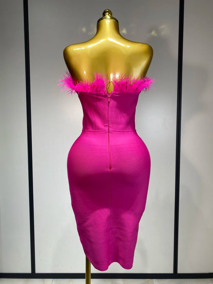 Sexy Backless Yellow Bandage Strapless Celebrity Elegant Feather Birthday Club Party Dress
