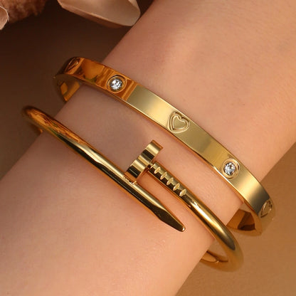 Women Heart Shaped Zircon Stainless Steel Gold Color 2-in-1 Bangles Bracelet Jewelry
