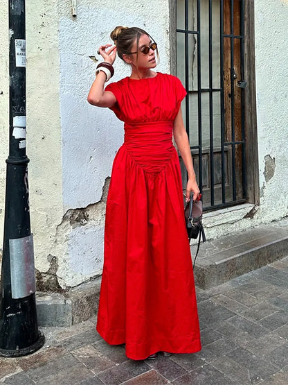 Women Red O-neck Pleated Maxi Fashion Short Sleeves High Waisted Evening Dress