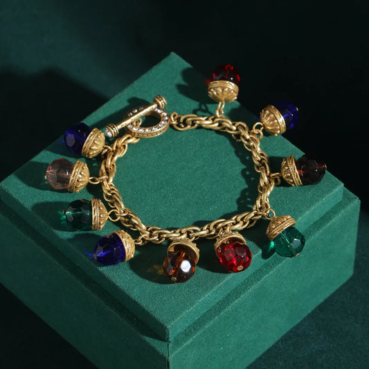 Women Vintage Multicolor Crystal18K Gold Plated Adjustable Chain Bracelet