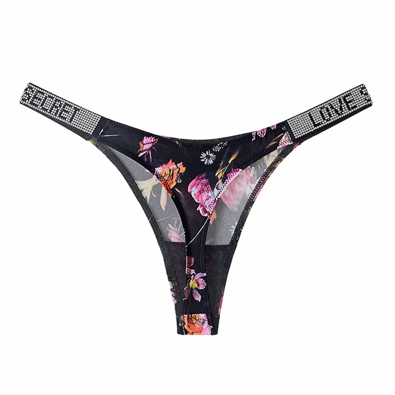 Women Low Waist Thongs Rhinestones Letter Diamonds G-string Sports Thong Shorts Briefs T-back Panties