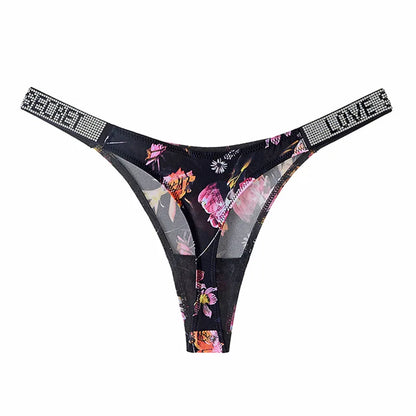 Women Low Waist Thongs Rhinestones Letter Diamonds G-string Sports Thong Shorts Briefs T-back Panties