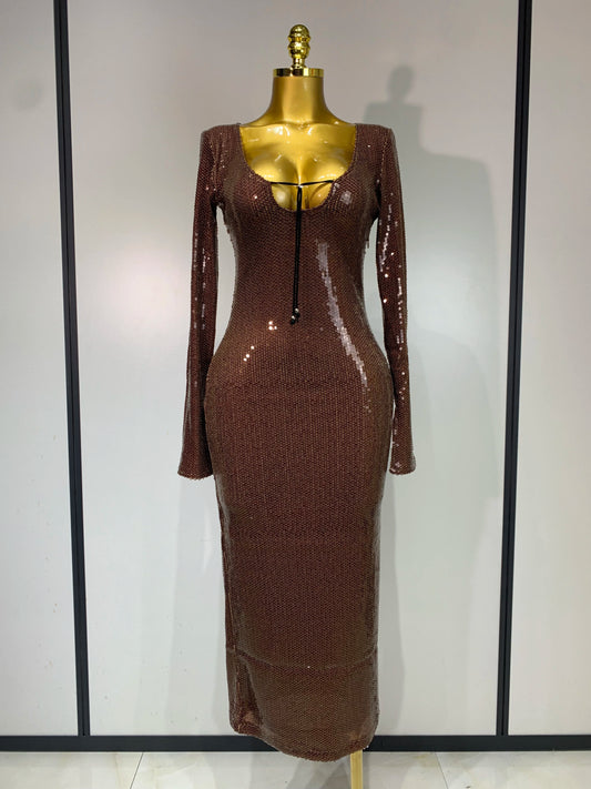 Women Sparkly Sequins Deep V Long Sleeves Midi Celebrity Birthday Party Prom Dress