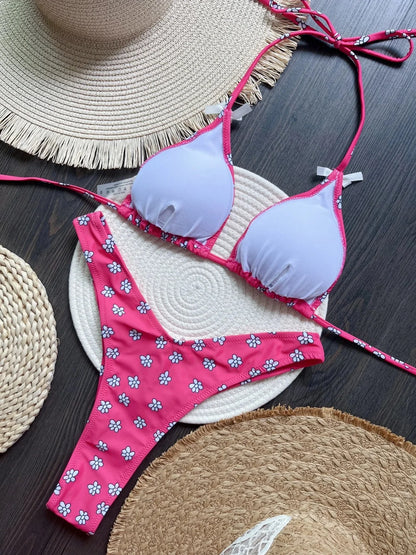 Sexy Flowers Printed Halter High Leg Cut Swimsuit Swimwear Two-pieces Bikini Bathing Suit