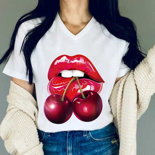 Cherry Sexy Red Lips Funny Women Watercolor Graphic Tops V-neck T-shirt