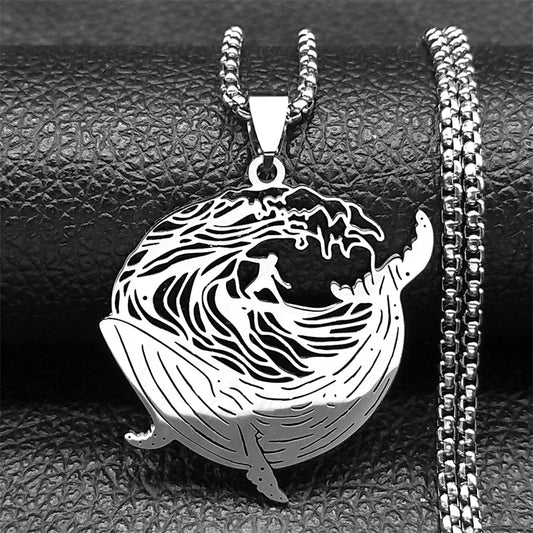 Whale Surf Riding Women Men Stainless Steel Gold Color Chain Necklace Pendant