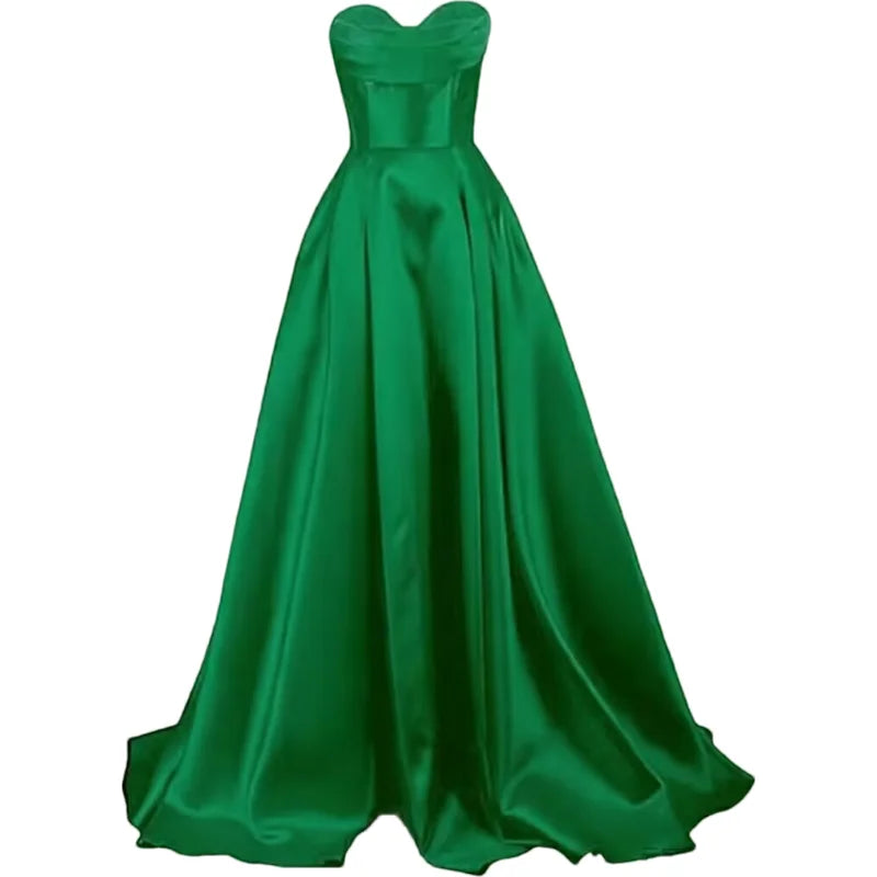 Sweetheart Strapless Pleat Satin Prom Women Long A Line Corset Formal Evening Party Dress w/ Pockets