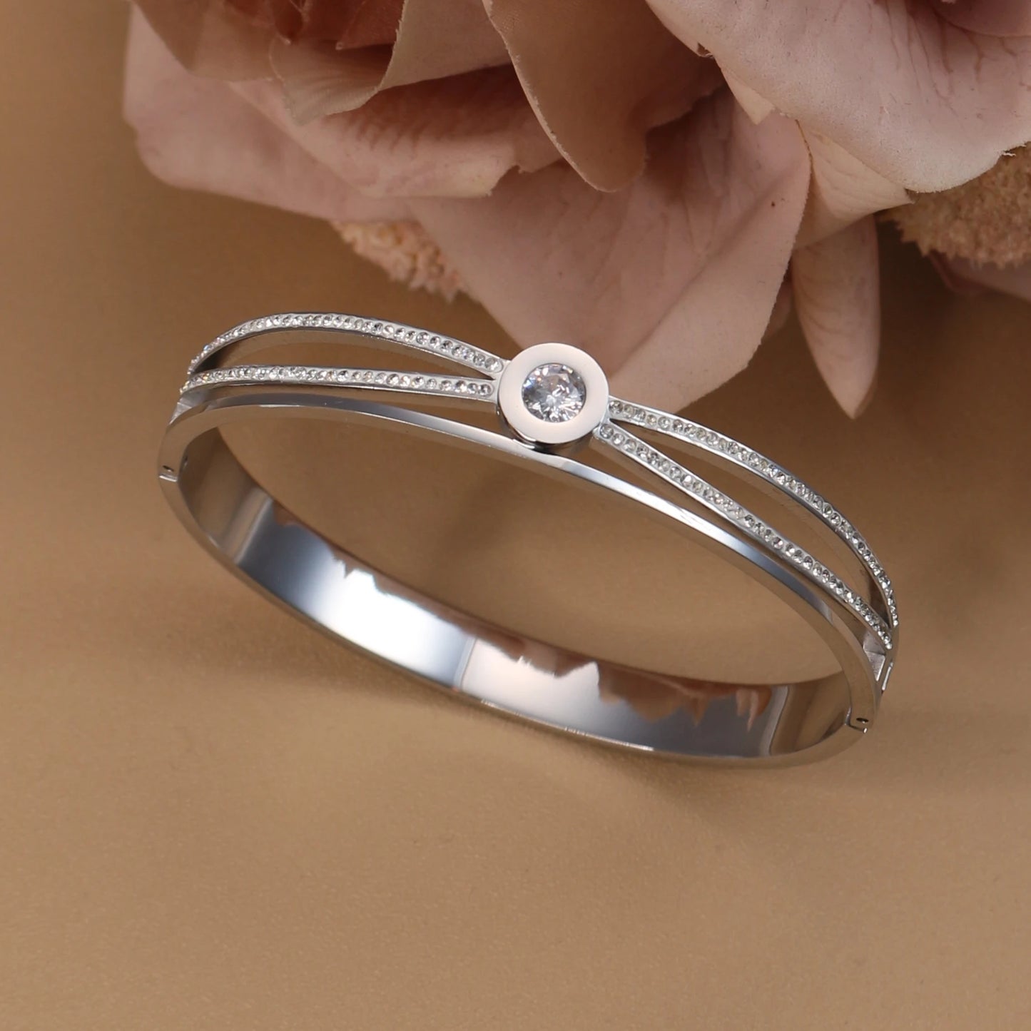 Women Stainless Steel Cross Small Zircon Round Charm Crystal Bangle Bracelet