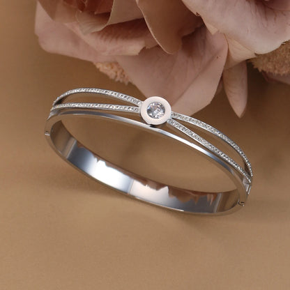 Women Stainless Steel Cross Small Zircon Round Charm Crystal Bangle Bracelet