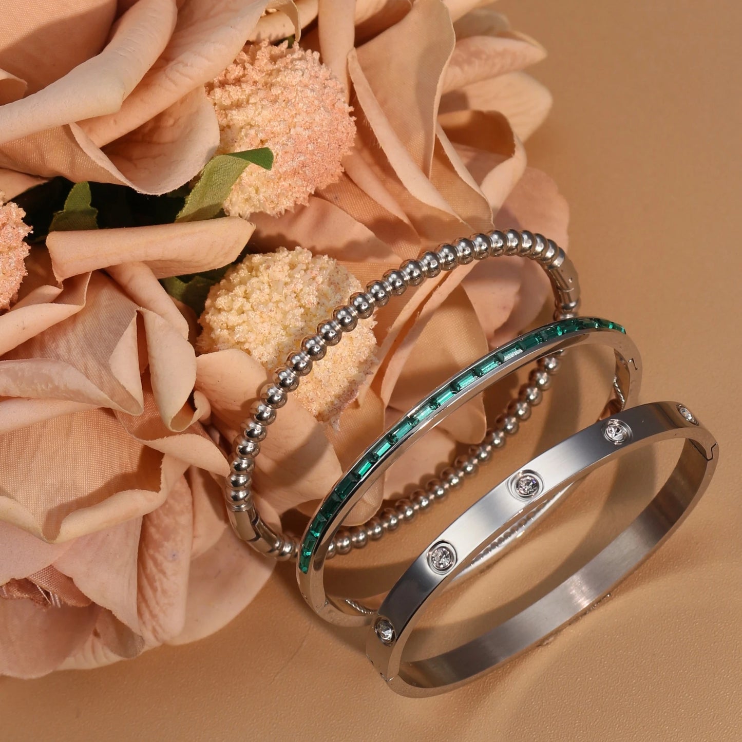 Women 18k Gold Plated Stainless Steel Green Zircon Bangles Bracelet Set Gift.