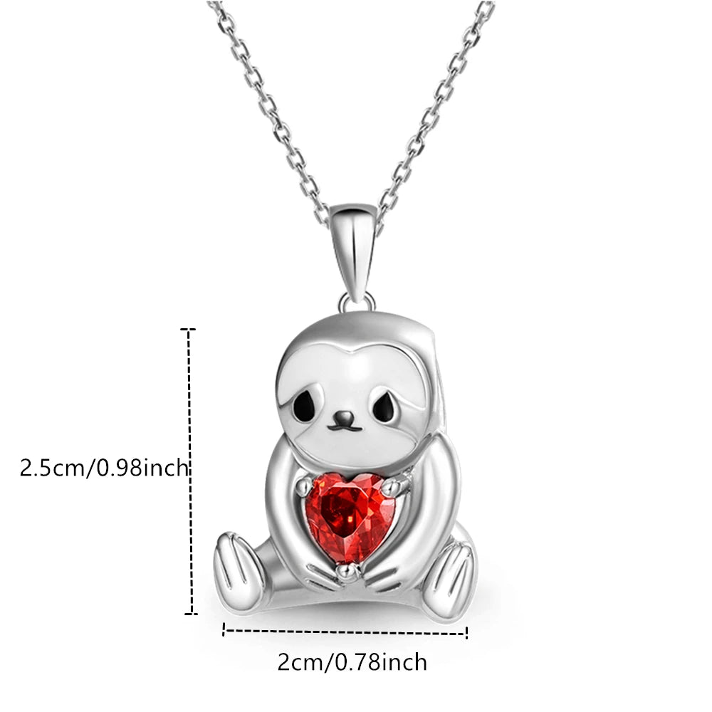 Women Sparkling Red Crystal Animal Cartoon Sloth Pendant Necklace