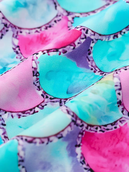 2pcs Kids Girls Short Sleeve Tops Swim Shorts Scale Print Patchwork Beach Bathing Swimwear