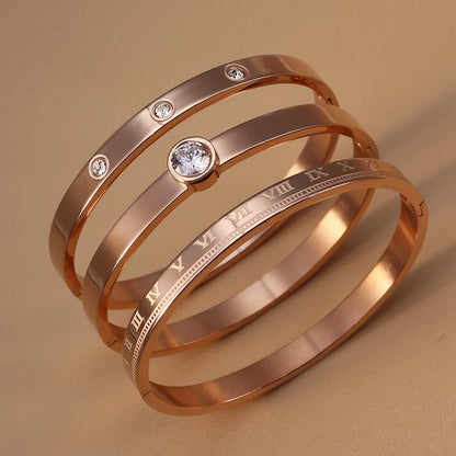 Women Roman Numeral 18k Gold Color Stainless Steel Zircon Bracelet Bangles