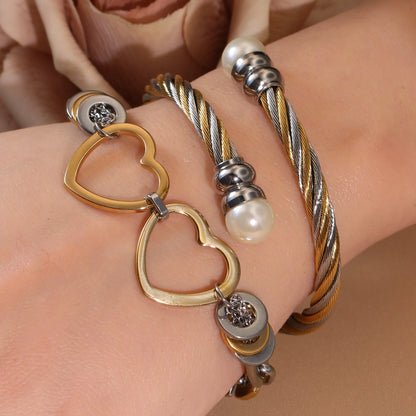 Women Fashionable Double Heart Stainless Steel Pearl Adjustable Bracelet Bangle