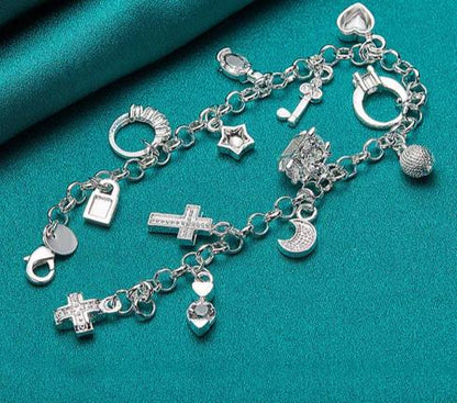 Women 925 Sterling Silver Heart Ball Cross Star Wedding Engagement Pendant Necklace Bracelets Set