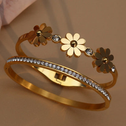 Delicate Crystal Shape Stainless Steel Gold Color Women's Bracelet Bangles