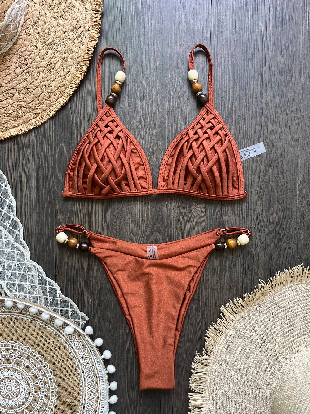 Sexy Women Pearls Strap Hole Out Push Up Bra Thong Swimsuit Brazilian Beach Bathing Micro Bikini Suit