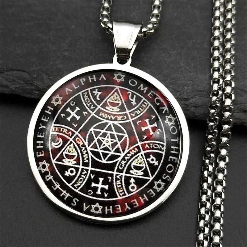 Women Men Stainless Steel Gold Color Archangel Kabbalah Talisman Key of Solomon Sigil Glass Round Medal Necklace