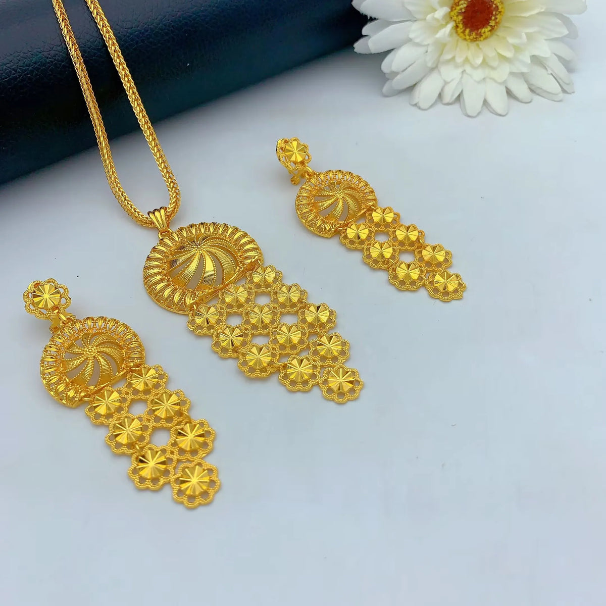 Indian Bridal Women African Dubai Gold Plated Long Wedding Party Necklace Earrings Jewelry Set