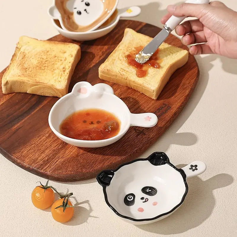 Ceramics Snack Cartoon Animals Saucer Dipping Sauce Dish Handle Dinner Plate Pot