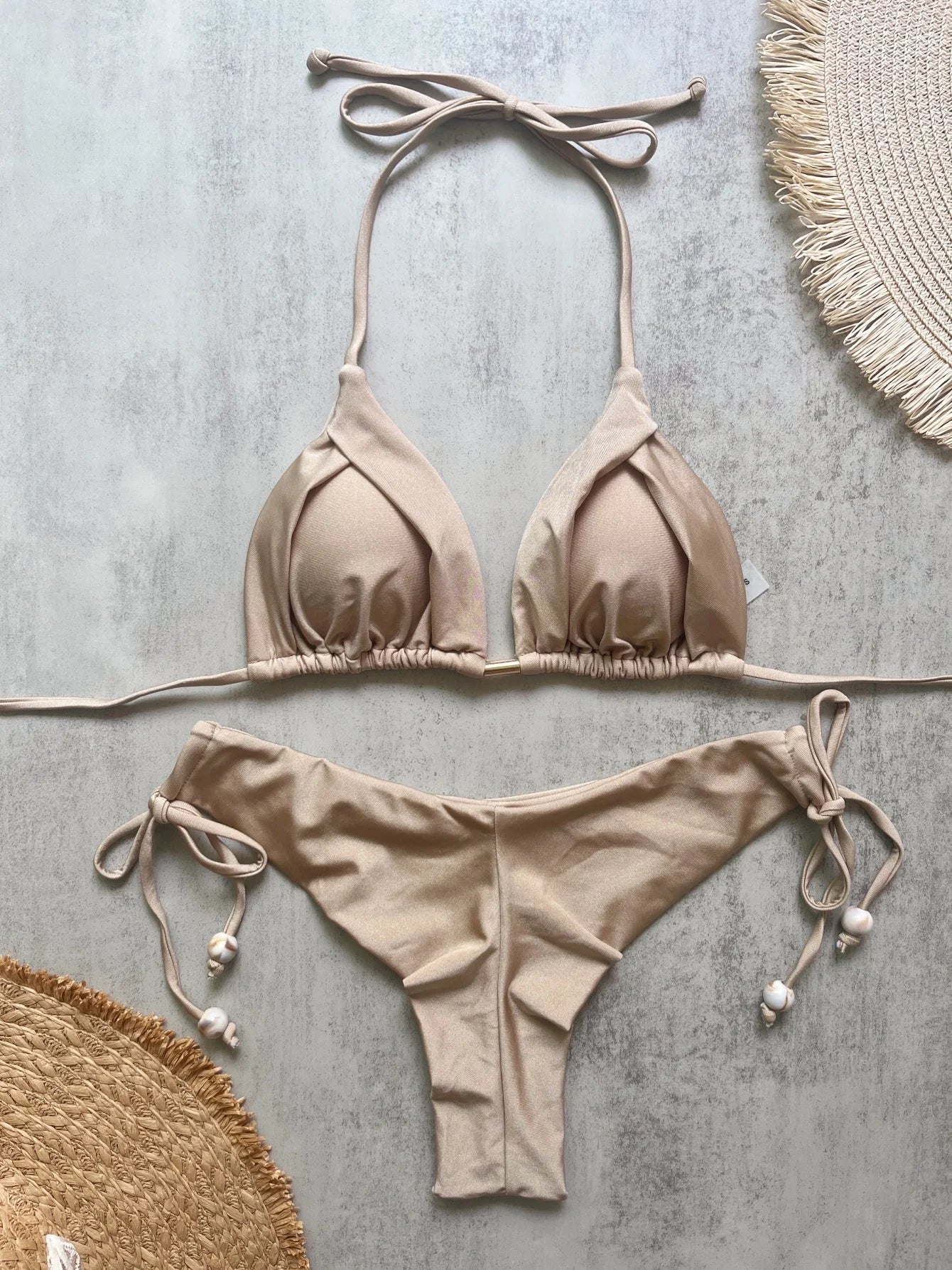 Solid Color Bikini Swimsuit Hanging Neck Rope Split Swimsuit 2-piece Beachwear Suit