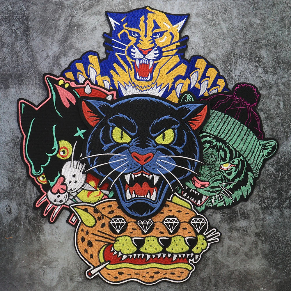 Large Size Biker Applique Fierce Tiger head Embroidery Patches Iron on for Clothes Animal Stickers Patch